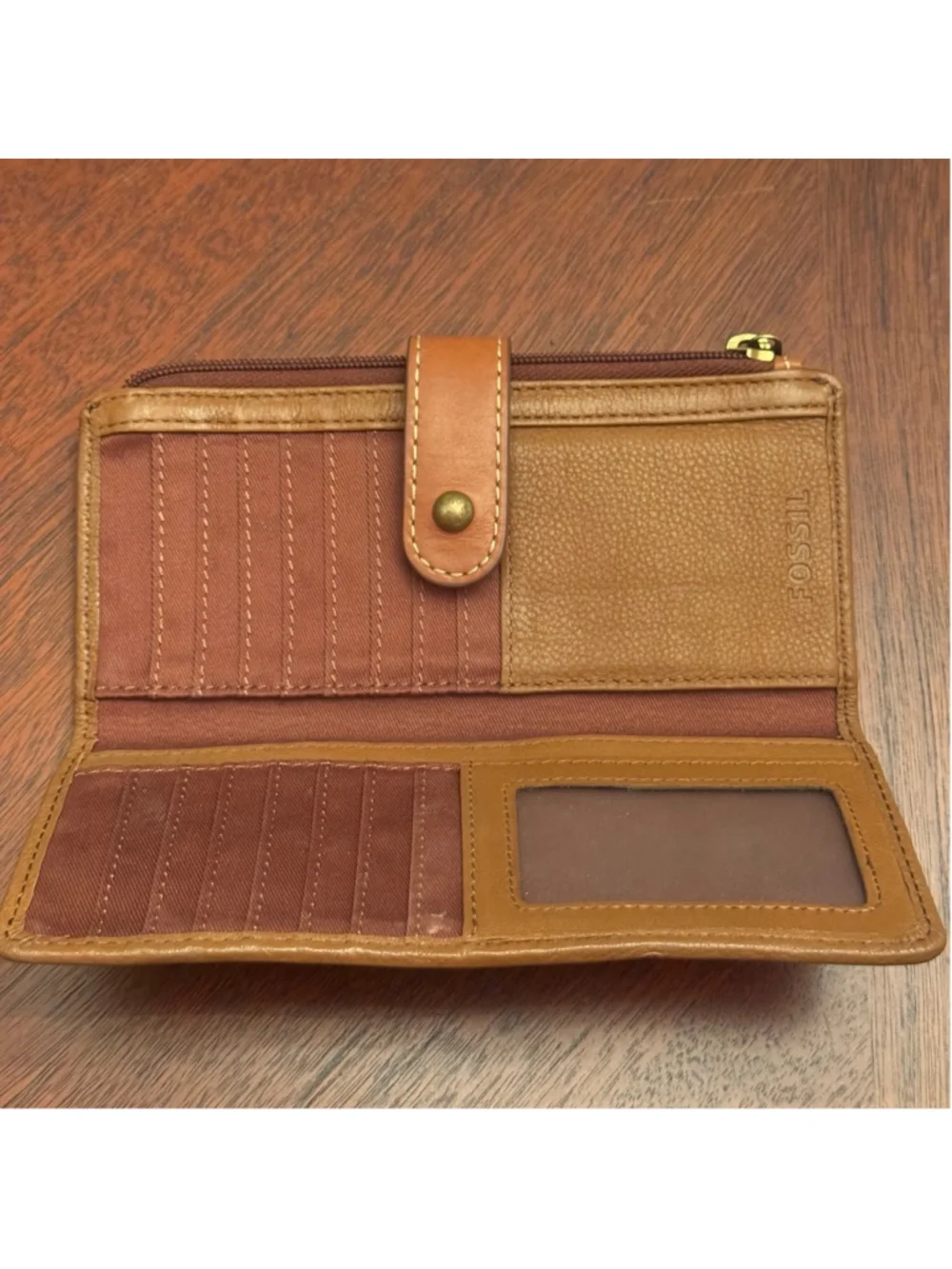 Fossil Logan Brown Leather Zip Around Checkbook Wallet Organizer RFID Clutch